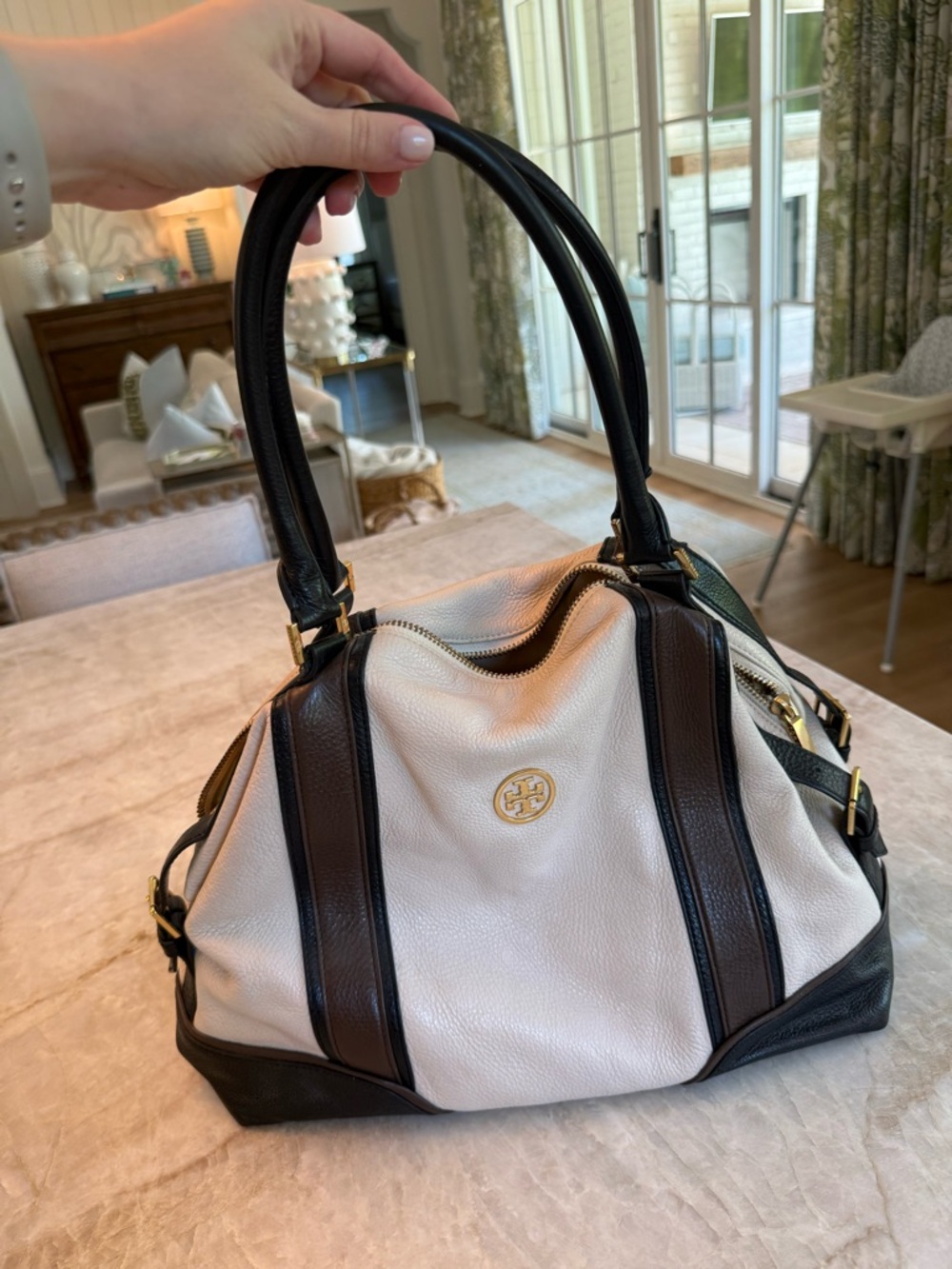 Tory Burch Cream and Black Pebbled Leather Tote with Gold Logo